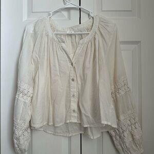 Aerie Cream Long Sleeve Smocked Blouse